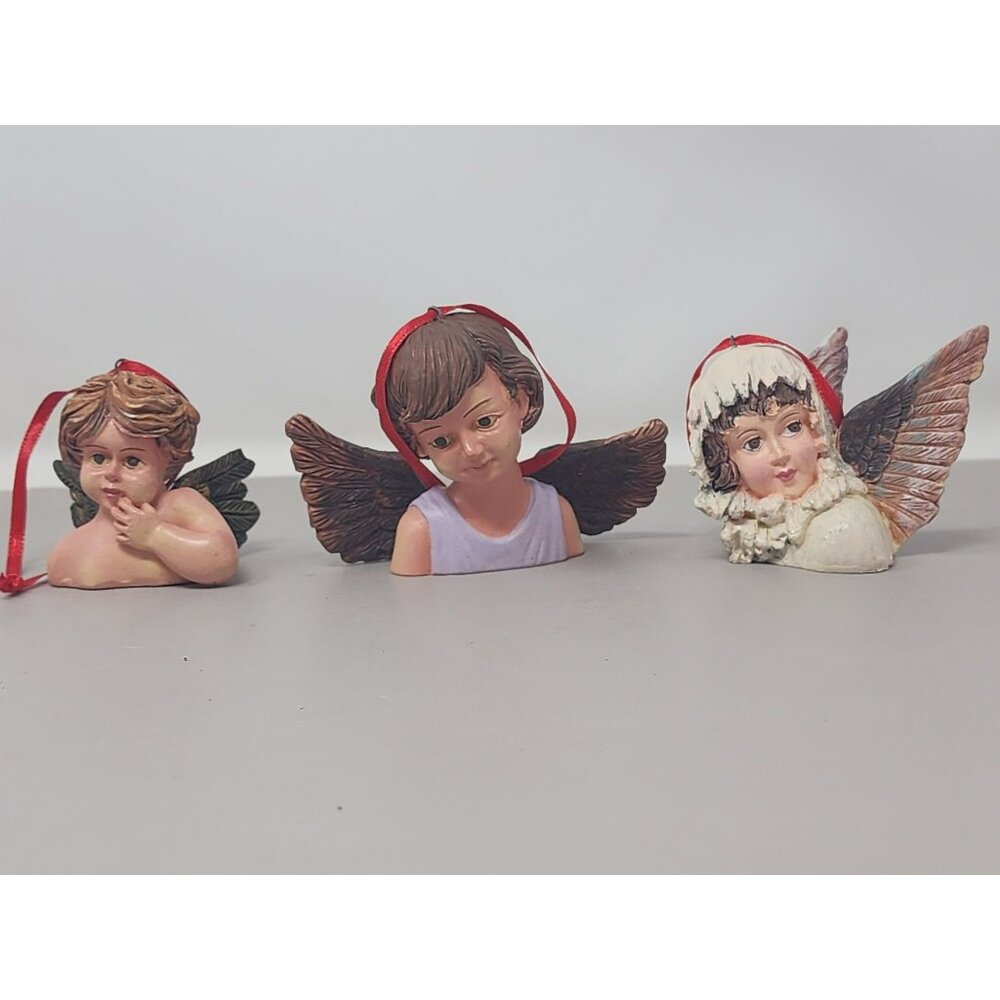 Set Of 3 Angel Head Christmas Tree Ornaments With‎ Red Ribbon Hangers